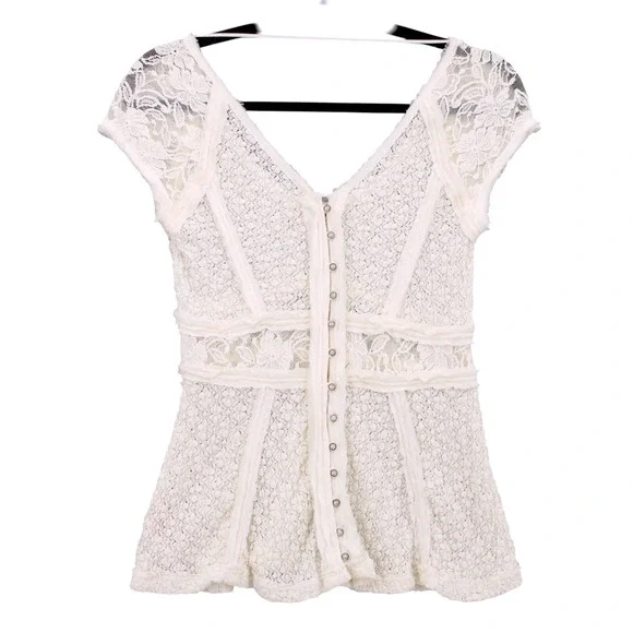 Free People Besties Top women Small Cream Lace Boho Back Button Cap Sleeve - Picture 5 of 14